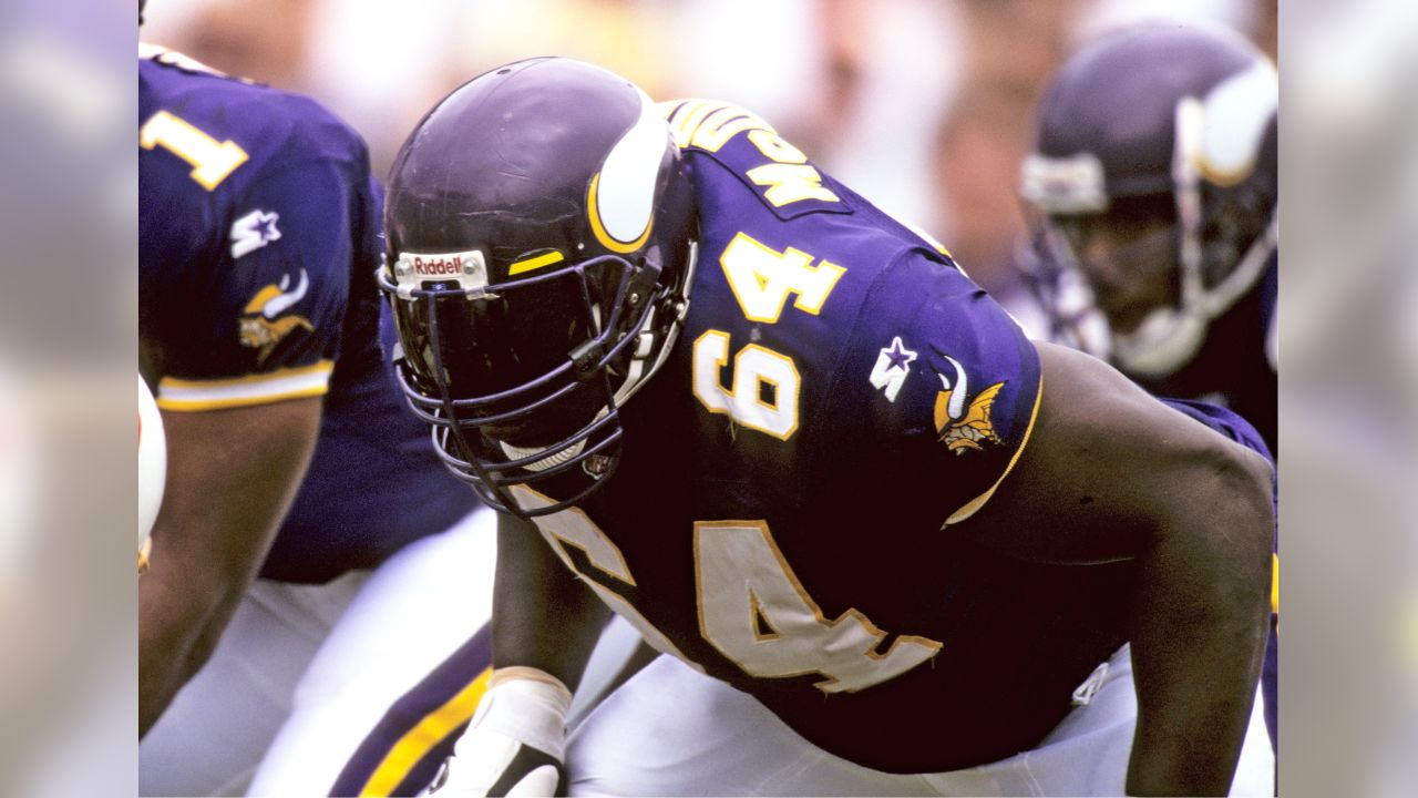 Guard Randall McDaniel #64 of the Minnesota Vikings during pre