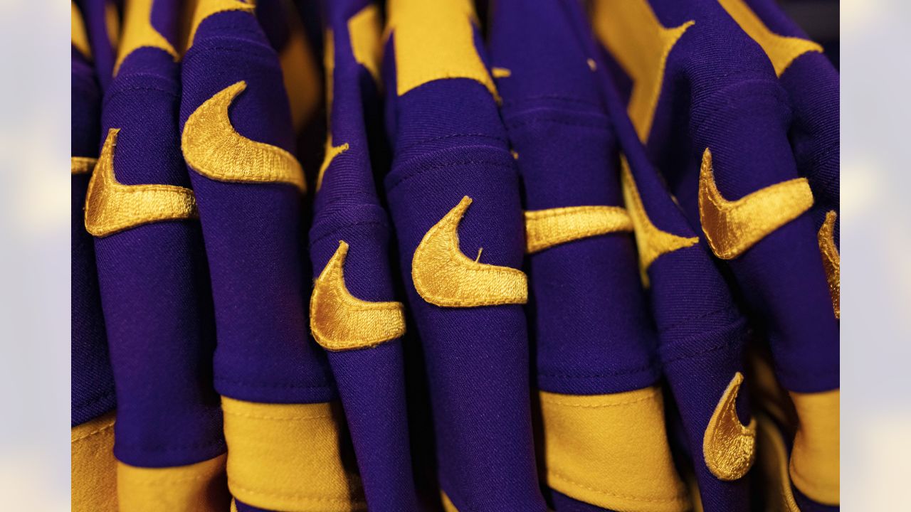 Equipment Staff Prepares Primetime Purple Jerseys for Vikings-Cowboys Game