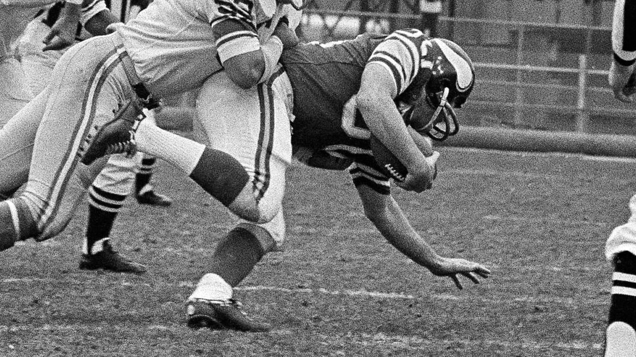 Minnesota Vikings running back Bill Brown, left, has his hand out to  congratulate quarterback Joe Kapp after Kapp scored his first touchdown to  defeat of the Cleveland Browns, 27-7 for the NFL