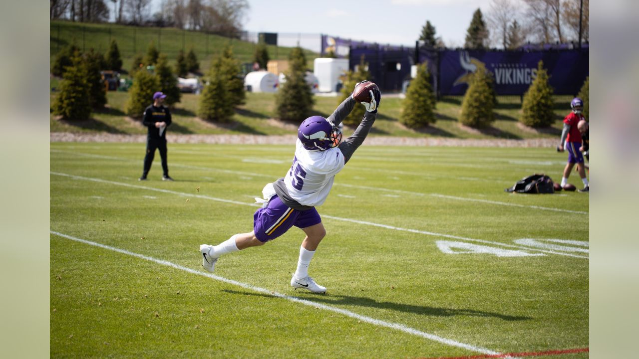 Minnesota Vikings first round draft pick, center Garrett Bradbury,  addresses the media after rookie minicamp workouts at the NFL football  team's complex Friday, May 3, 2019, in Eagan, Minn.Bradbury played for North