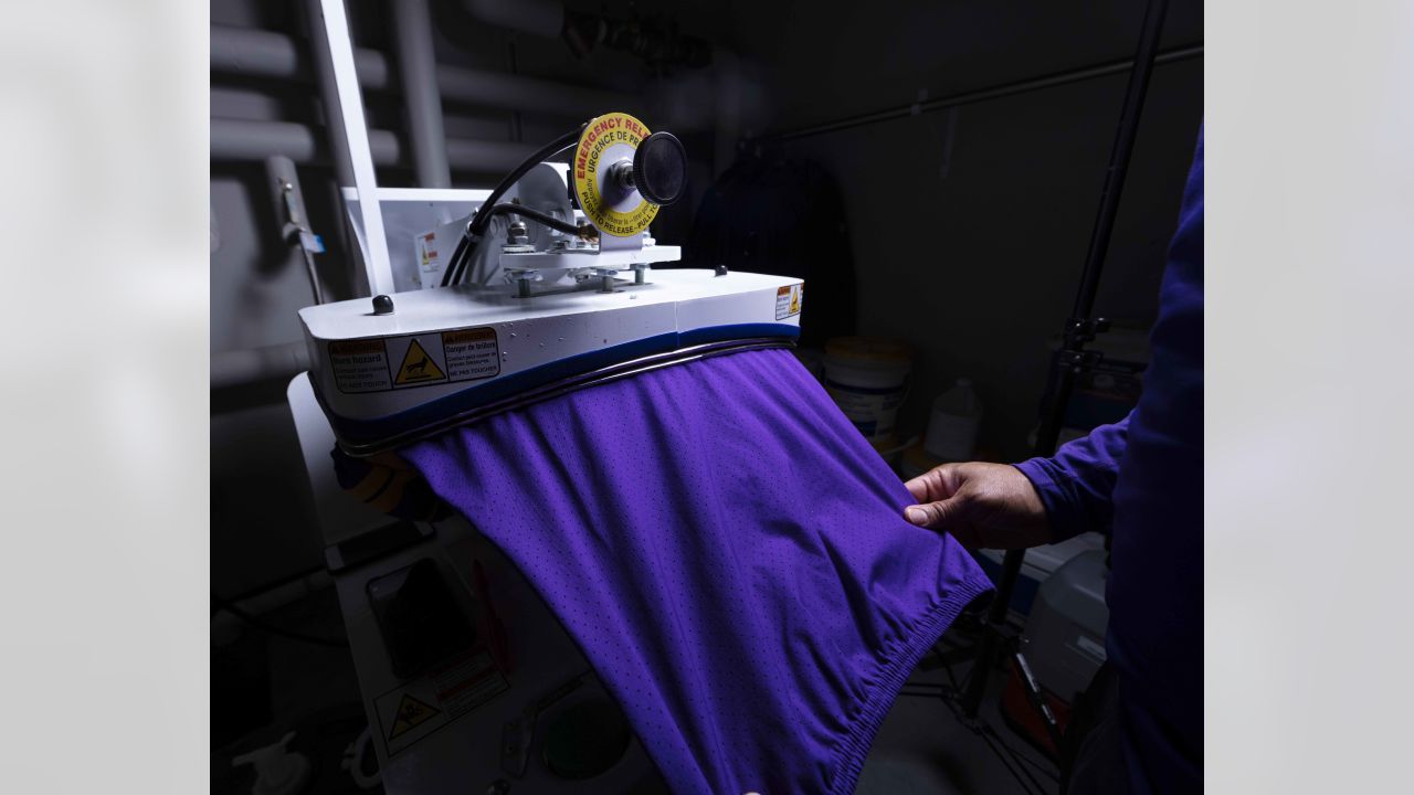 Equipment Staff Prepares Primetime Purple Jerseys for Vikings-Cowboys Game