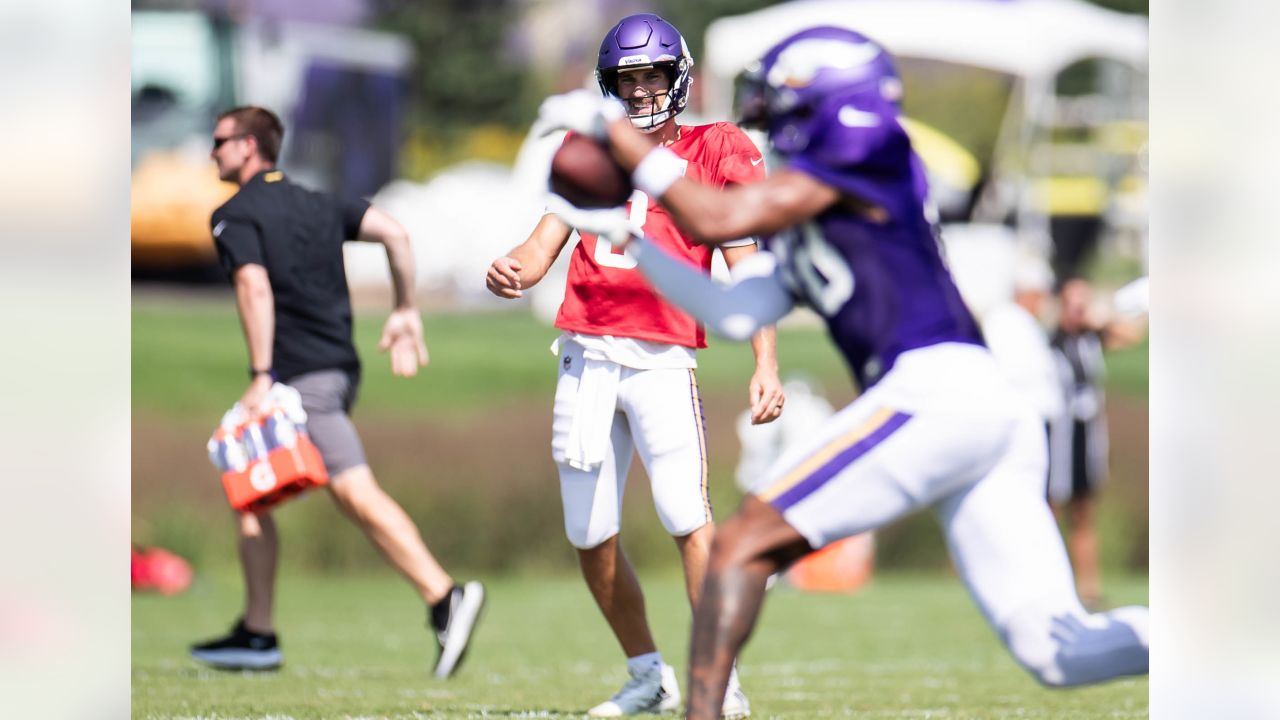 Minnesota Vikings tackle Brian O'Neill arrives for practice during the  first day of training camp as rookies, free agents and some veterans  reported to the NFL football team complex Wednesday, July 25