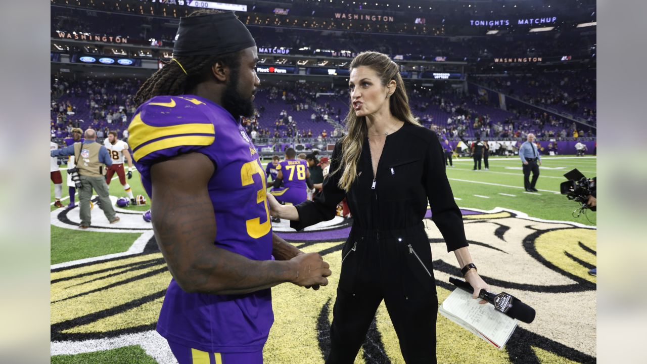 Fox sideline reporter Erin Andrews interviews Minnesota Vikings running  back Dalvin Cook, left, after an NFL football game against the Washington  Redskins, Thursday, Oct. 24, 2019, in Minneapolis. The Vikings won 19-9. (