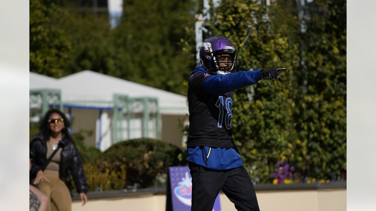 Justin Jefferson poses before attempting a one-handed catch for the NFL  Skills Challenge, Best Catch at the Paris Hotel and Casino, Wednesday, Feb.  1, 2023, in Las Vegas. (Steve Luciano/AP Images for