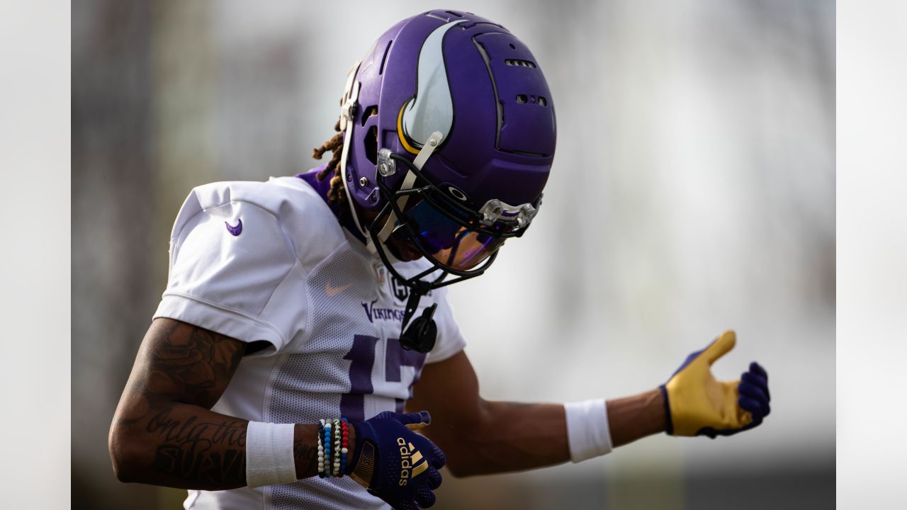 A Salute to Service ribbon is seen on the back of the helmet of Minnesota  Vikings tight end Irv Smith Jr. during the first half of an NFL football  game against the