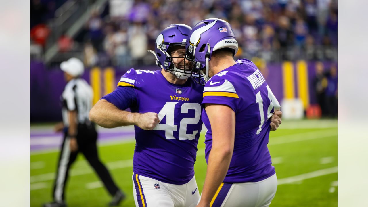 FILE - Minnesota Vikings long snapper Andrew DePaola (42) is shown during  the first half of an NFL preseason football game against the Las Vegas  Raiders, Sunday, Aug. 14, 2022, in Las