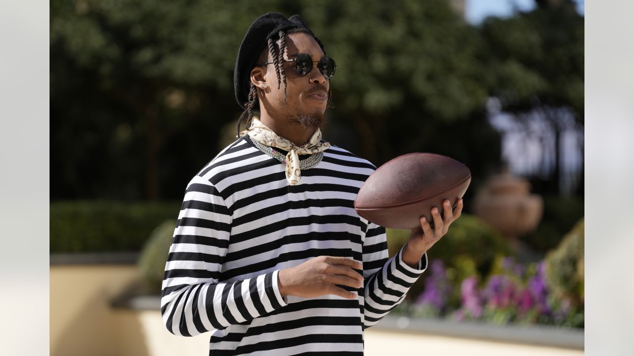 Justin Jefferson poses before attempting a one-handed catch for the NFL  Skills Challenge, Best Catch at the Paris Hotel and Casino, Wednesday, Feb.  1, 2023, in Las Vegas. (Steve Luciano/AP Images for