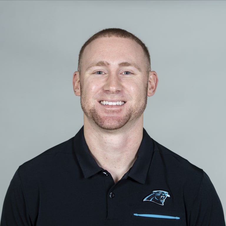 FILE - Joe Brady of the Carolina Panthers NFL football team is shown in a 2020 file photo. Panthers offensive coordinator Joe Brady is becoming a popular name for NFL teams seeking to fill head coaching vacancies. A person familiar with the situation says the Chargers, Falcons and Texans have all asked for and received permission from the Panthers to interview Brady for their head coaching jobs. (AP Photo/File)