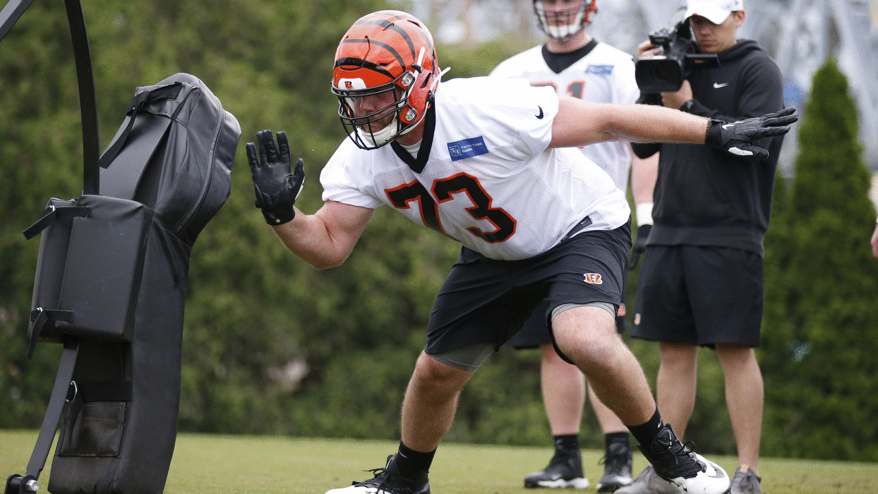 Cincinnati Bengals offensive tackle Jonah Williams runs a blocking drill during an NFL football rookie minicamp Friday, May 10, 2019, in Cincinnati. (AP Photo/Gary Landers)