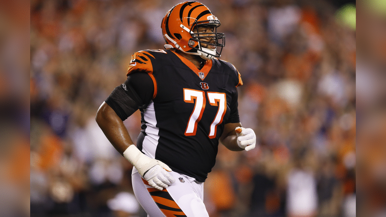 Cincinnati Bengals offensive tackle Cordy Glenn (77) runs during a week 2 NFL football against the Baltimore Ravens on Thursday, Sept. 13, 2018 in Cincinnati. Cincinnati won 34-23. (Aaron M. Sprecher via AP)
