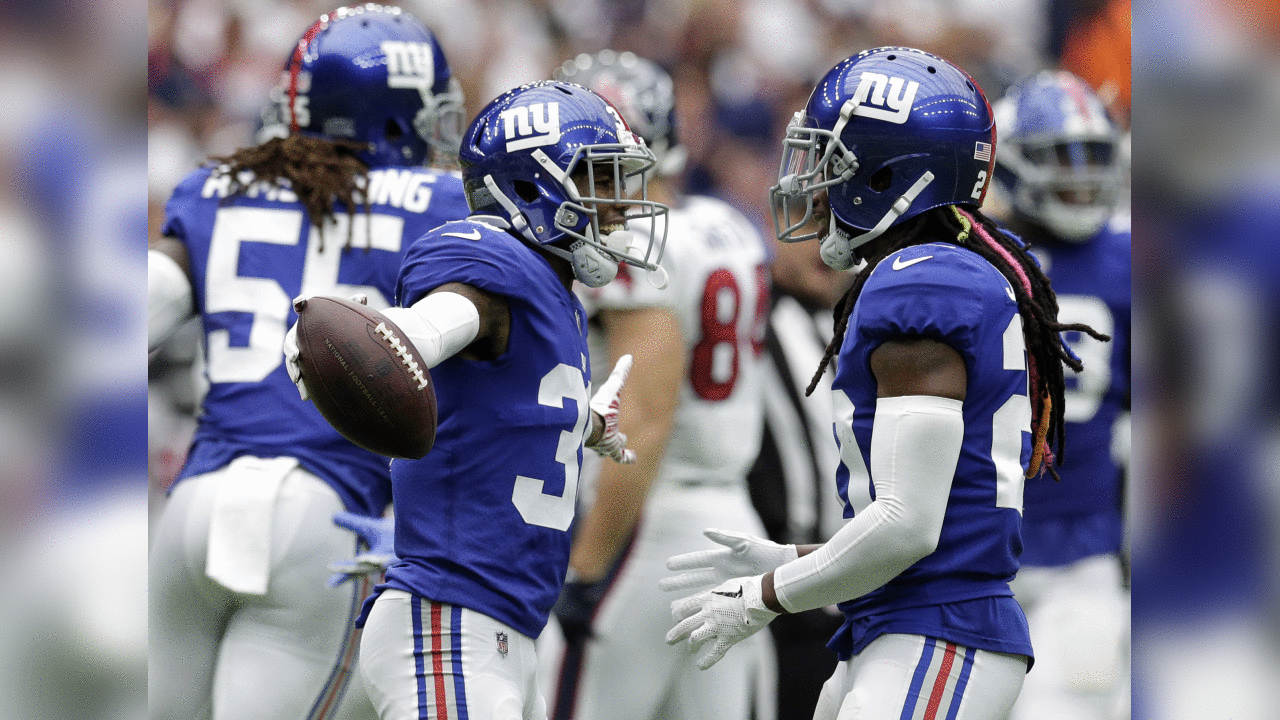 New York Giants cornerback Donte' Deayon (38) celebrates with defensive back Janoris Jenkins (20) after recovering a fumble by the Houston Texans during the second half of an NFL football game Sunday, Sept. 23, 2018, in Houston. (AP Photo/Michael Wyke)