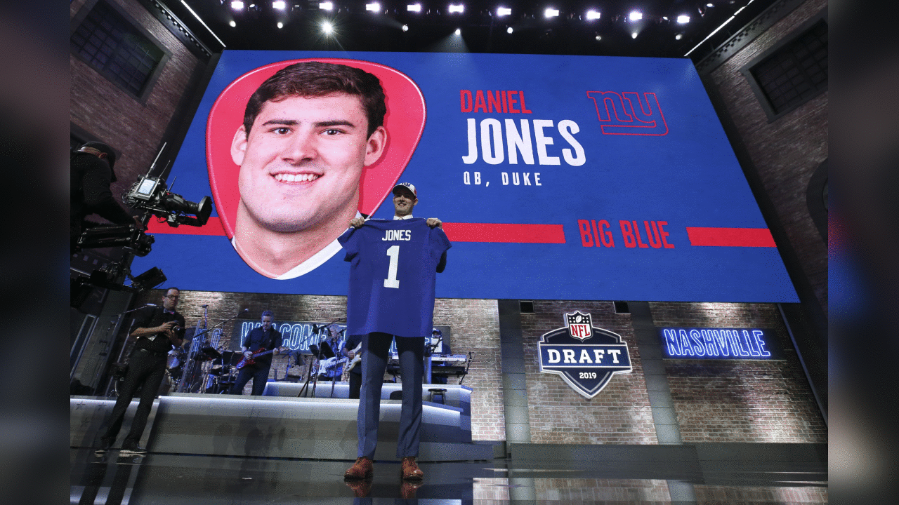 Duke quarterback Daniel Jones poses after the New York Giants selected Jones in the first round during the 2019 NFL Draft on Thursday, April 25, 2019 in Nashville, Tenn. (Perry Knotts/NFL)