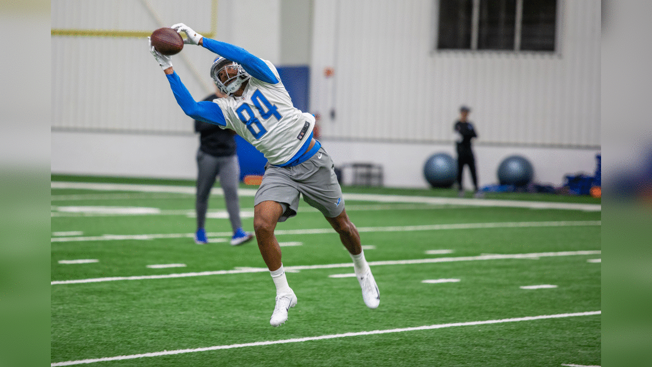 Detroit Lions wide receiver Travis Fulgham (84) during Day 1 of rookie minicamp on Friday, May 10, 2019 in Allen Park, Mich. (Detroit Lions via AP)