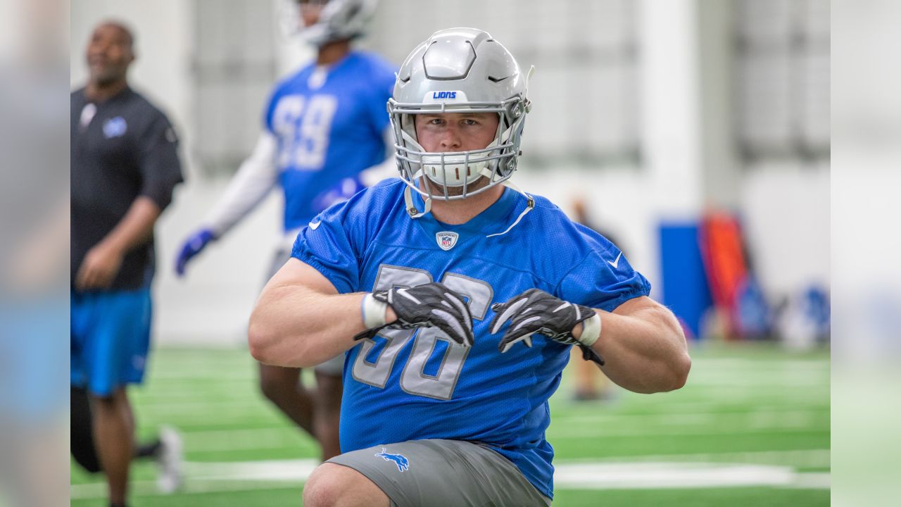 Detriot Lions defensive tackle Ray Smith (96) stretches during Day 2 of rookie minicamp on Saturday, May 11, 2019 in Allen Park, Mich. (Detroit Lions via AP)