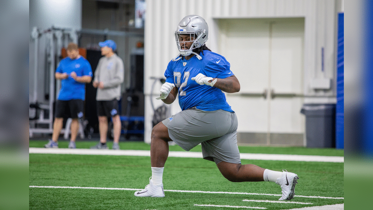 Detroit Lions defensive tackle P.J. Johnson (92) during Day 1 of rookie minicamp on Friday, May 10, 2019 in Allen Park, Mich. (Detroit Lions via AP)