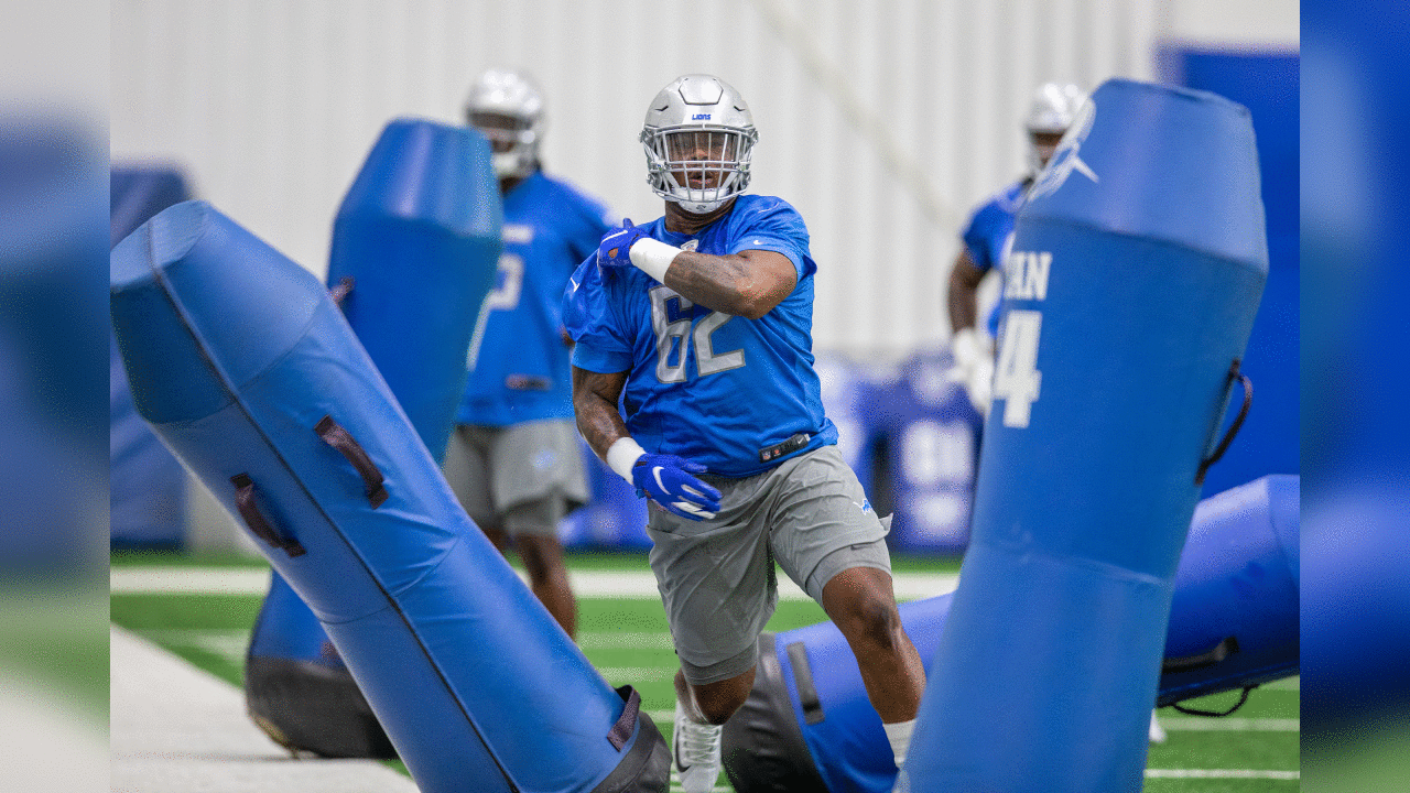 Detroit Lions defensive tackle Kevin Strong (62) during Day 2 of rookie minicamp on Saturday, May 11, 2019 in Allen Park, Mich. (Detroit Lions via AP)