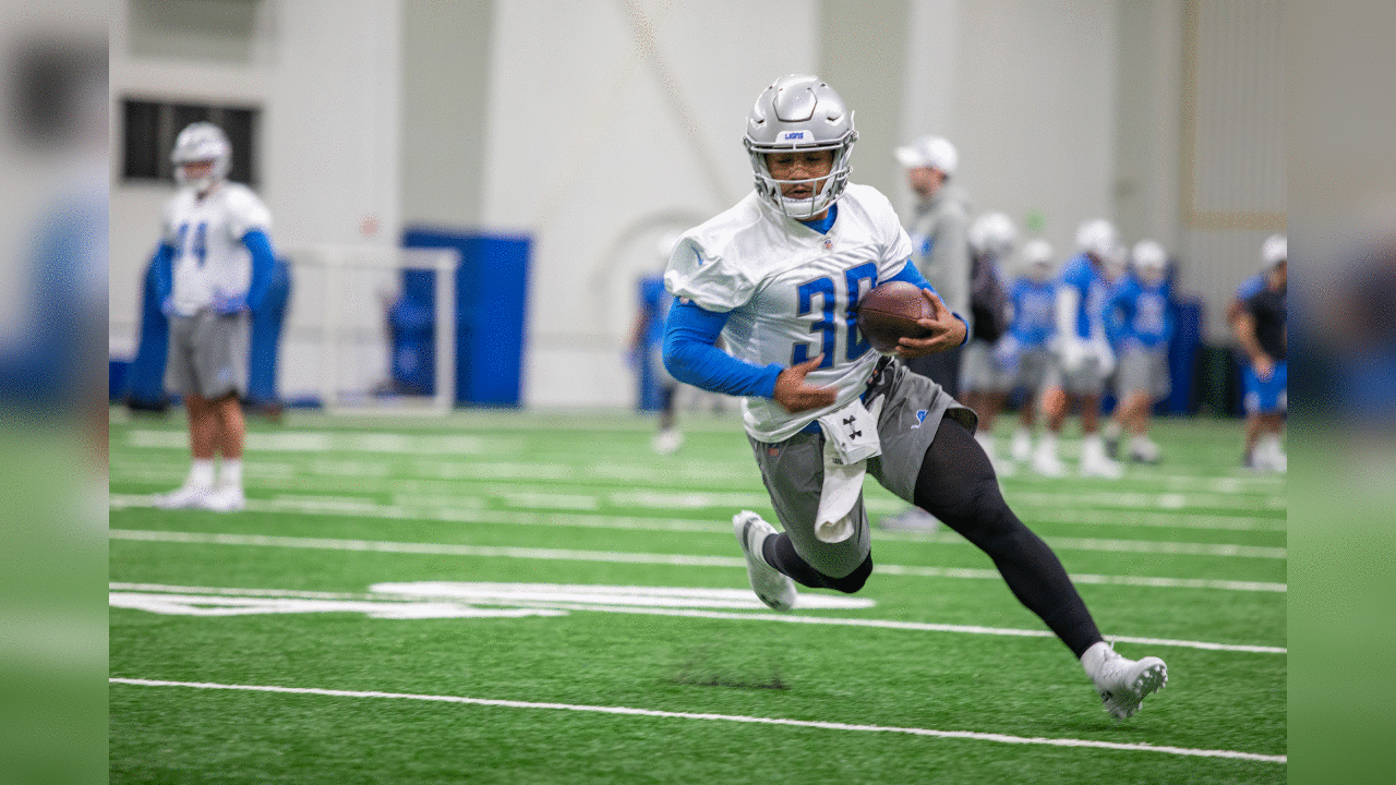 Detroit Lions running back Ty Johnson (38) during Day 1 of rookie minicamp on Friday, May 10, 2019 in Allen Park, Mich. (Detroit Lions via AP)