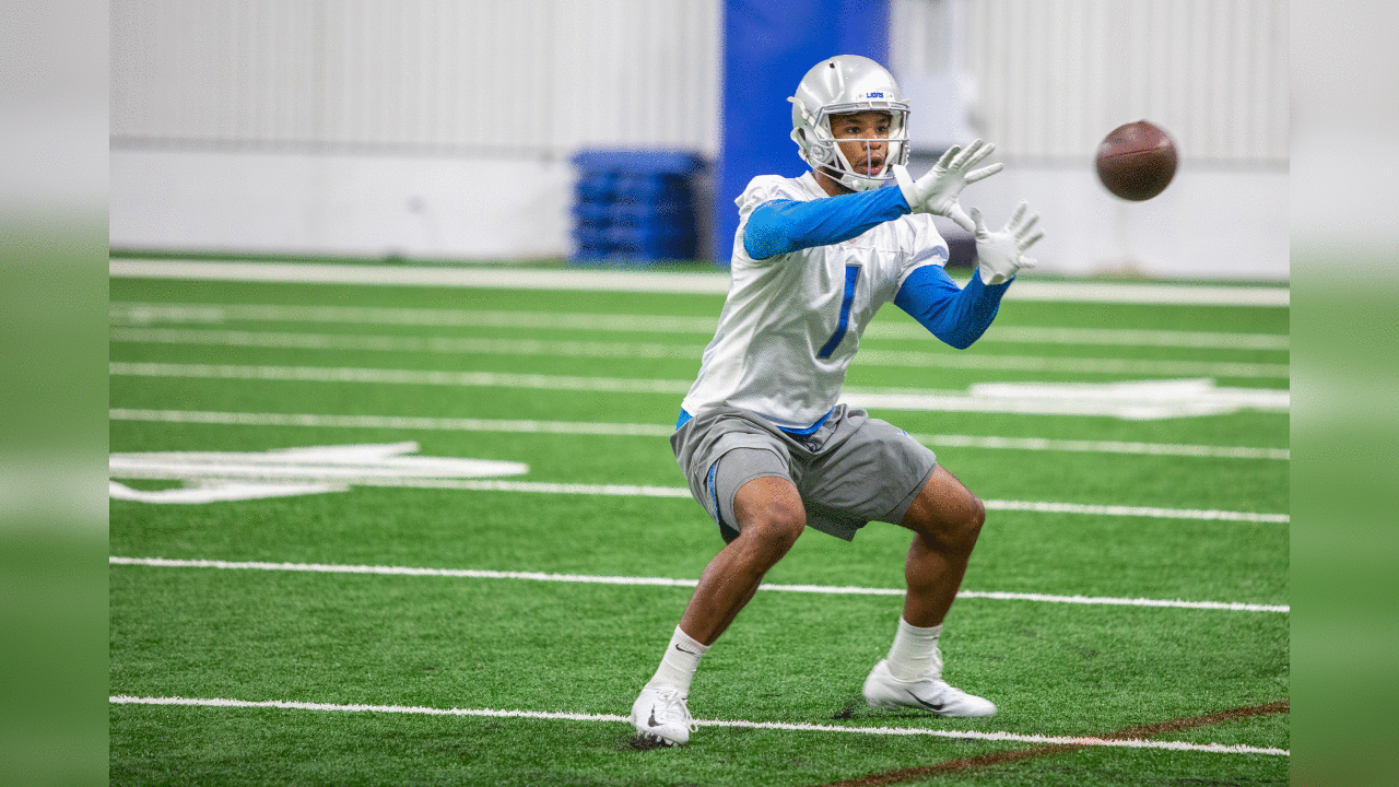 Detroit Lions wide receiver Jonathan Duhart (1) during Day 2 of rookie minicamp on Saturday, May 11, 2019 in Allen Park, Mich. (Detroit Lions via AP)