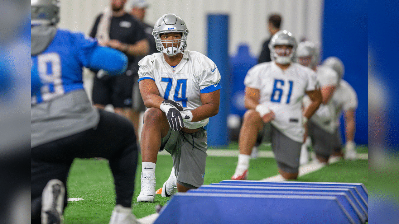 Detroit Lions tackle Ryan Pope (74) during Day 1 of rookie minicamp on Friday, May 10, 2019 in Allen Park, Mich. (Detroit Lions via AP)