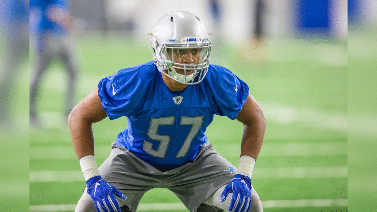 Detroit Lions linebacker Anthony Pittman (57) during Day 2 of rookie minicamp on Saturday, May 11, 2019 in Allen Park, Mich. (Detroit Lions via AP)