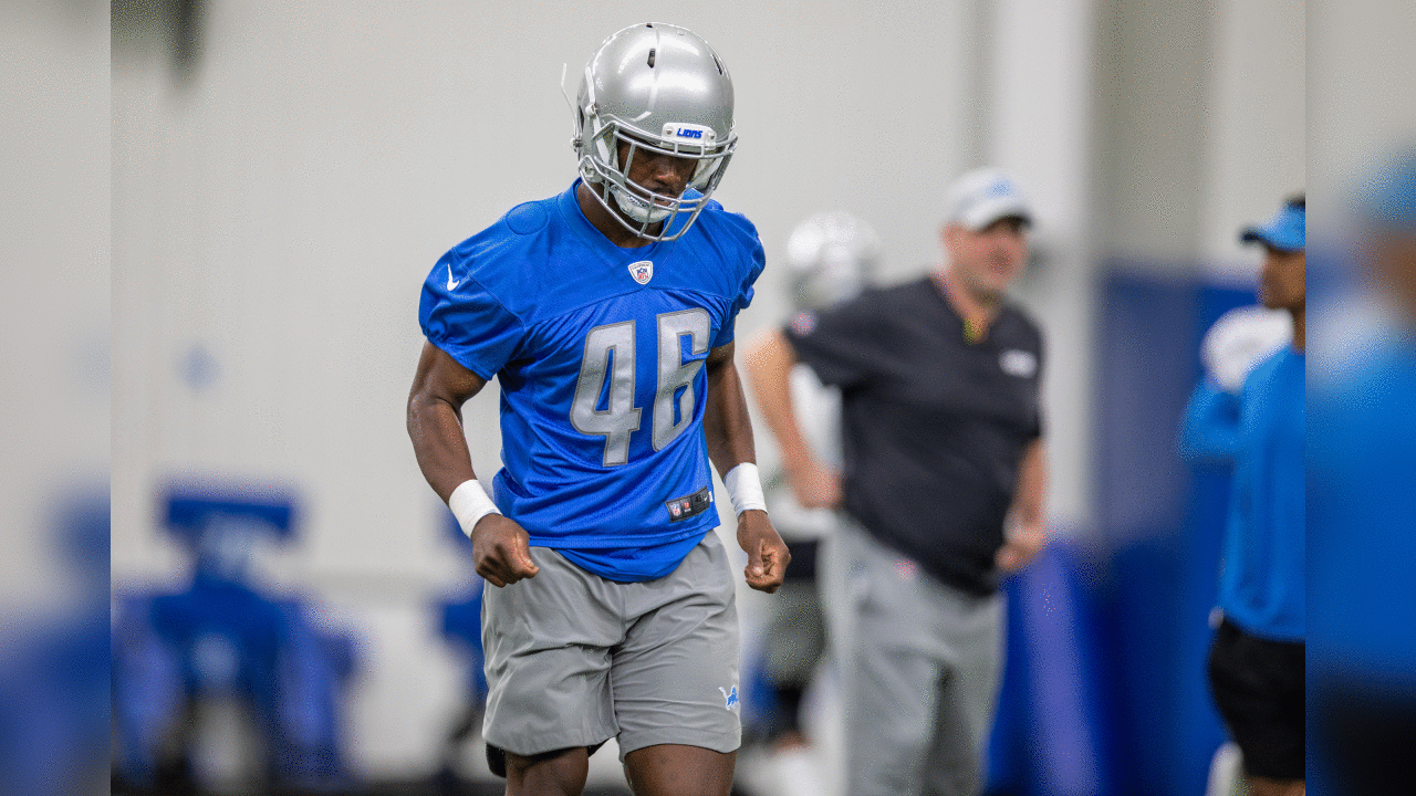 Detroit Lions cornerback Amani Oruwariye (46) during Day 1 of rookie minicamp on Friday, May 10, 2019 in Allen Park, Mich. (Detroit Lions via AP)