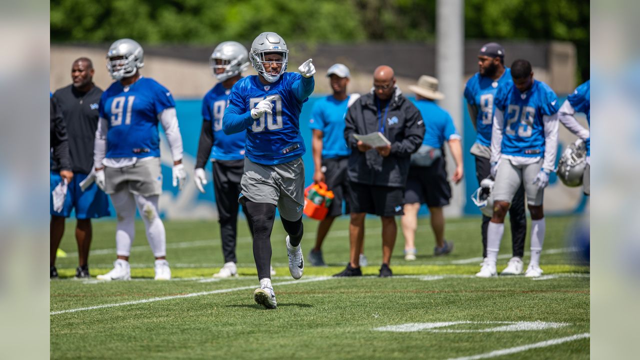Detroit Lions linebacker Juwon Young (50) during Day 5 of OTAs on Thursday, May 30, 2019 in Allen Park, Mich. (Detroit Lions via AP)