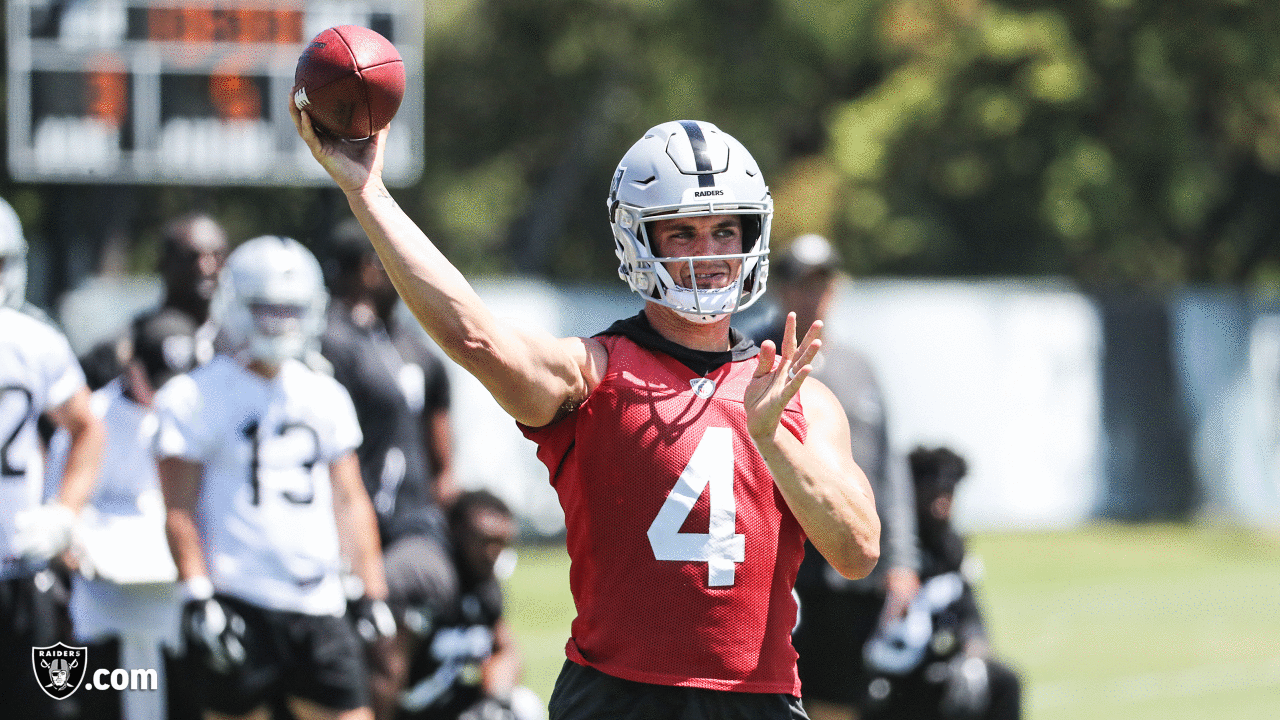 Oakland Raiders quarterback Derek Carr (4) at an Organized Team Activity (OTA) at the Oakland Raiders Practice Facility, Monday, June 4, 2018, in Alameda, California.