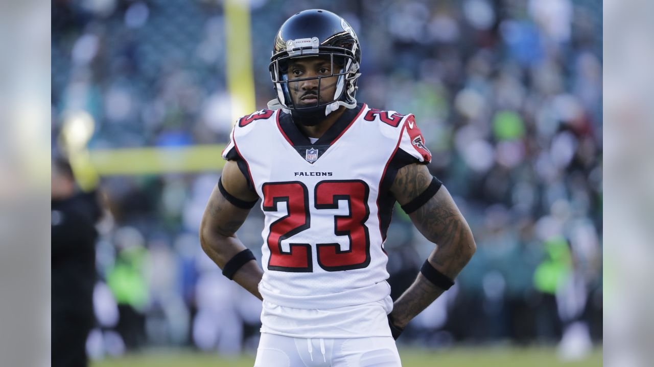 Atlanta Falcons' Robert Alford looks on prior to an NFL divisional playoff football game against the Philadelphia Eagles, Saturday, Jan. 13, 2018, in Philadelphia. Philadelphia won 15-10.