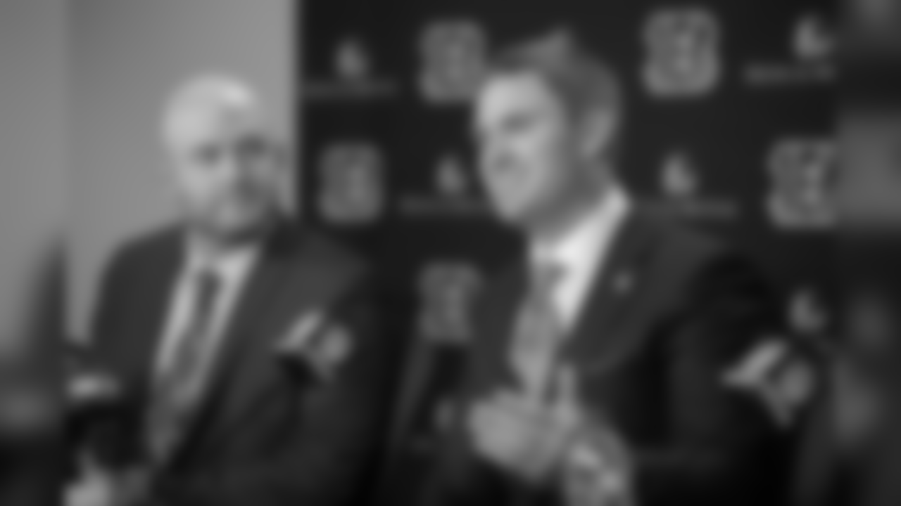 Zac Taylor answers a question during his first press conference as head coach.