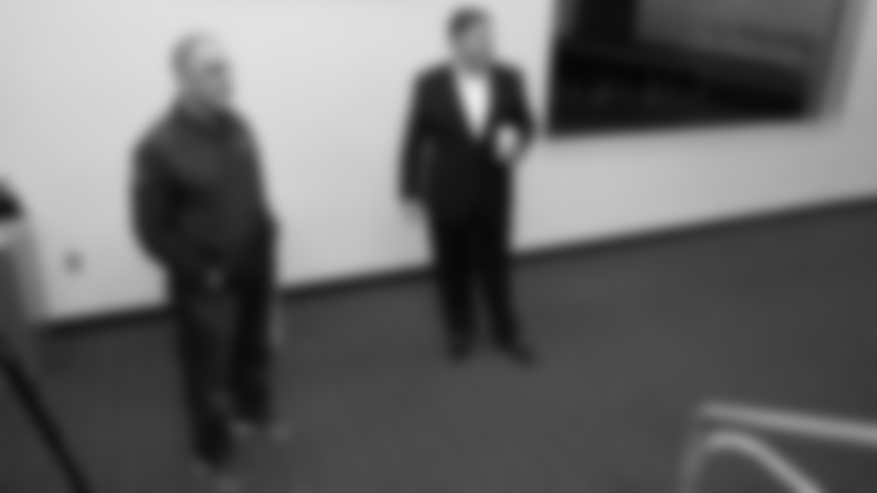 Head Coach Vic Fangio receives a tour of team facilities from Chief Commercial Officer Mac Freeman at a meet-and-greet visit with team employees at Broncos Stadium at Mile High on March 19, 2019.