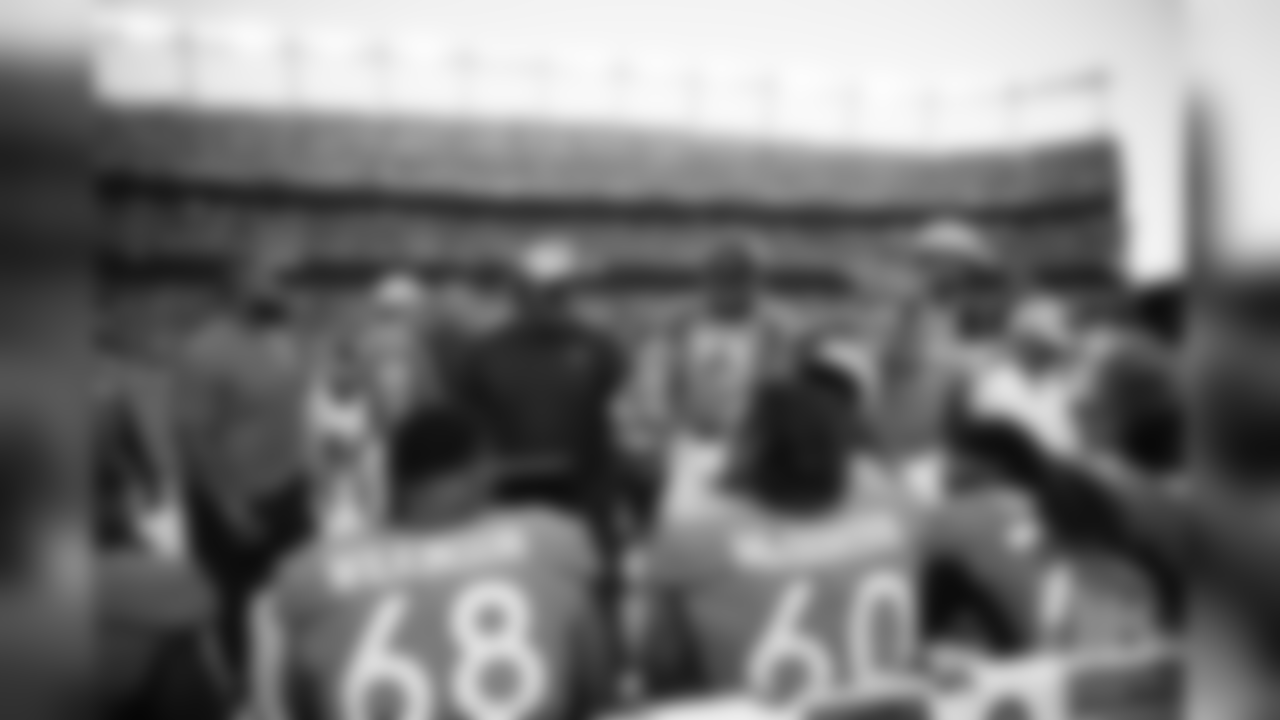 Offensive Line-Centers/Guards Coach Sean Kugler talks to his position group during the NFL preseason game against the Minnesota Vikings at Broncos Stadium at Mile High in Denver, Colorado, August 11, 2018.
Photo by Gabriel Christus