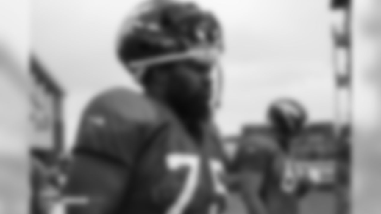 Tackle Menelik Watson (75) during the eighth day of training camp on August 5, 2018, at UCHealth Training Center.