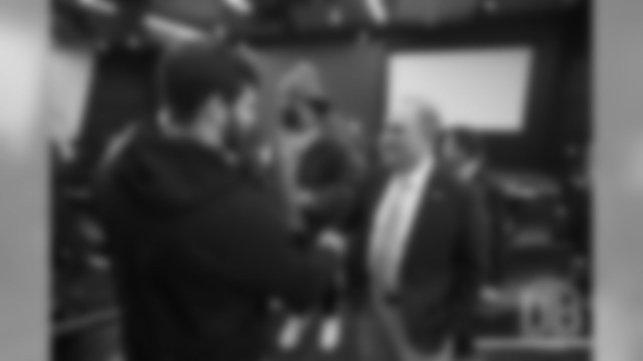 Josey Jewell greets Head Coach Vic Fangio after his introductory press conference on January 10, 2019.
Photo by Gabriel Christus