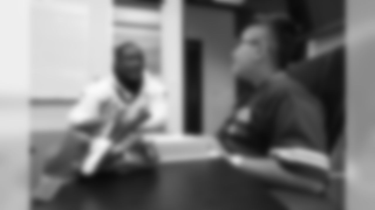Will Parks meets Children's Hospital Colorado Junior Reporter Yovany for an interview after practice on October 10, 2018, at UCHealth Training Center.