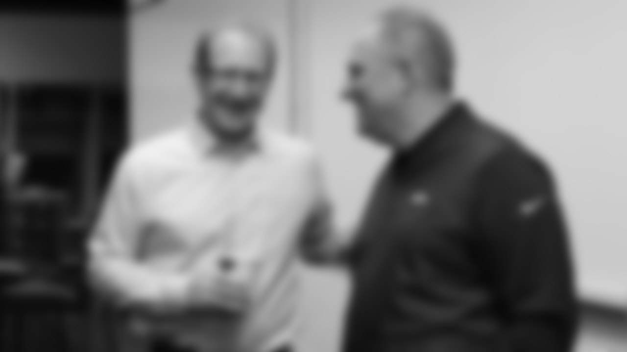 Head Coach Vic Fangio meets Jay Roberts, the stadium general manager, at a meet-and-greet visit with team employees at Broncos Stadium at Mile High on March 19, 2019.