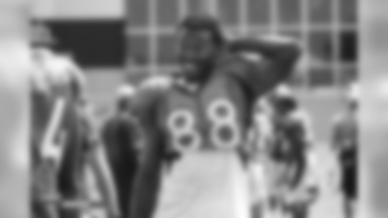 Wide receiver Demaryius Thomas (88) smiles during the ninth day of training camp on August 7, 2018, at UCHealth Training Center.