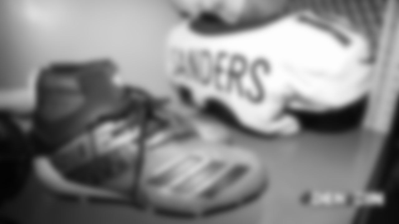 Emmanuel Sanders' jersey and My Cause My Cleats shoes in the locker room pregame before the Broncos' Week 13 game against the Cincinnati Bengals at Paul Brown Stadium.
