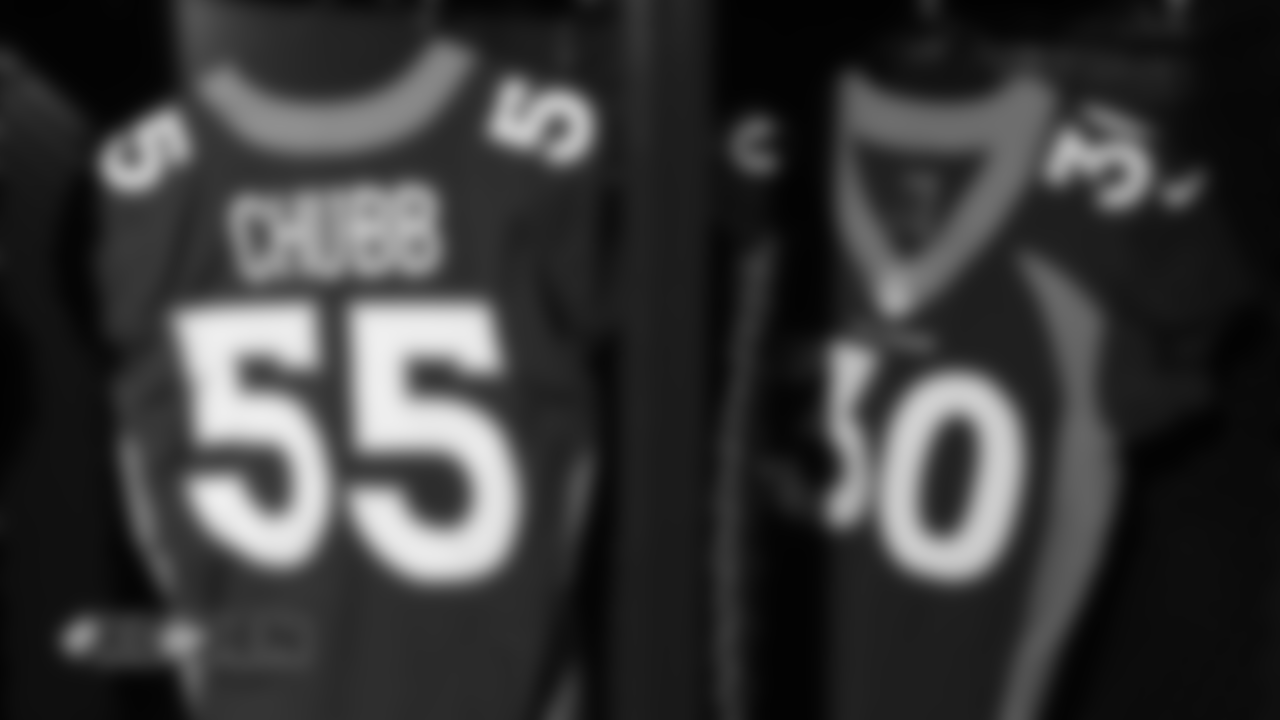 Bradley Chubb and Phillip Lindsay's blue alternate jerseys on September 26, 2018.