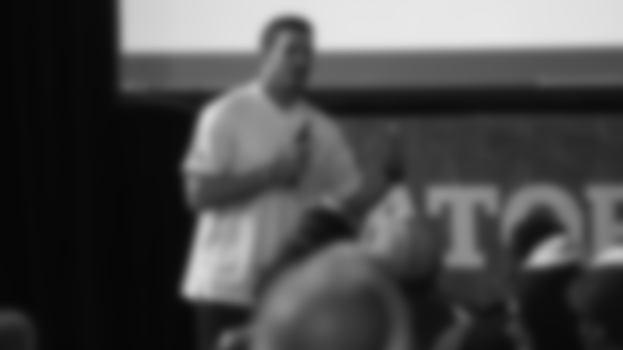 Offensive Quality Control Coach Rob Calabrese at the ninth annual High School Football Coaches Clinic hosted by the Broncos for 190 coaches from 54 different schools on May 8, 2019.