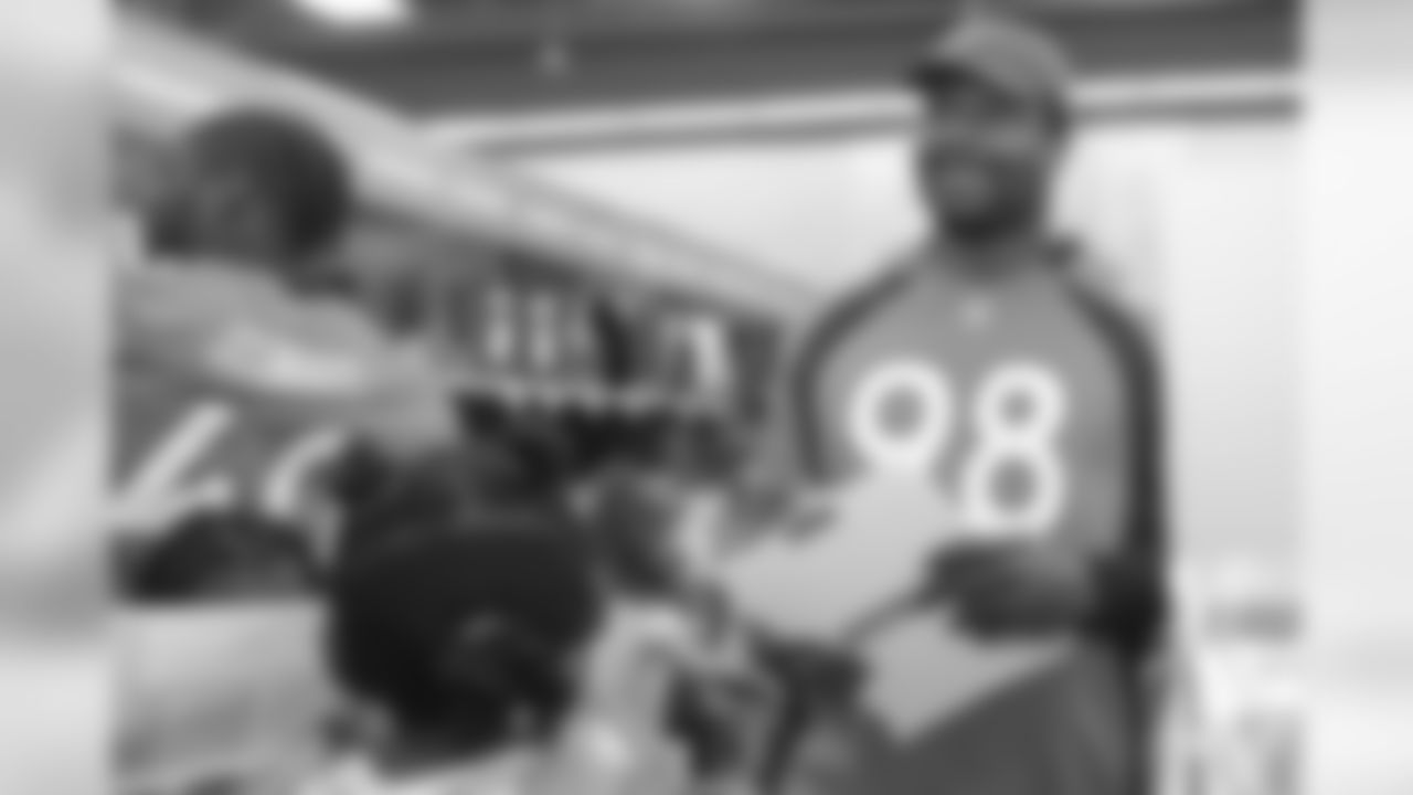 Defensive lineman Clinton McDonald (98) at the 2018 Back to School with the Broncos shopping spree on July 23, 2018. Each student received $100 for school supplies.