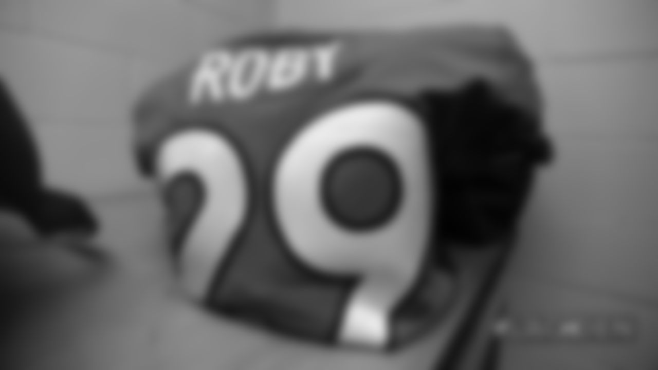 Bradley Roby's jersey in the locker room before the Broncos' Week 17 game against the Los Angeles Chargers at Broncos Stadium at Mile High on December 30, 2018.