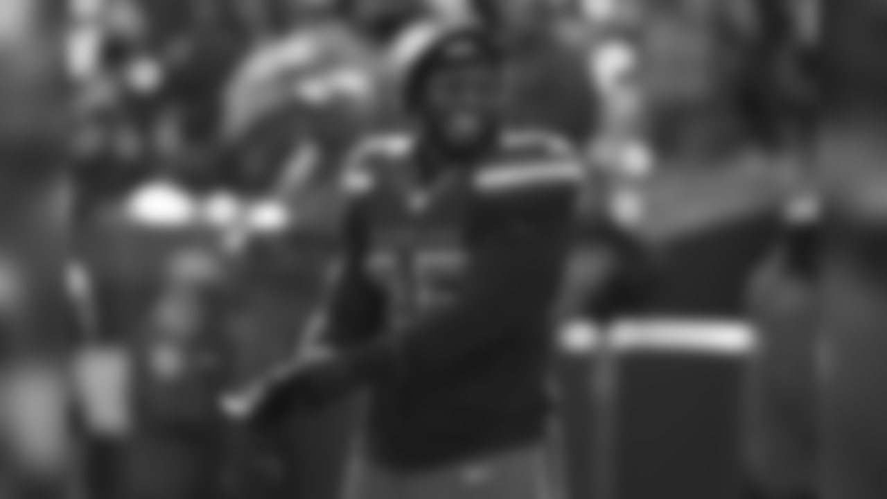 Cleveland Browns defensive tackle Larry Ogunjobi is shown during warm ups before an NFL football game against the Atlanta Falcons, Sunday, Nov. 11, 2018, in Cleveland. (AP Photo/Ron Schwane)