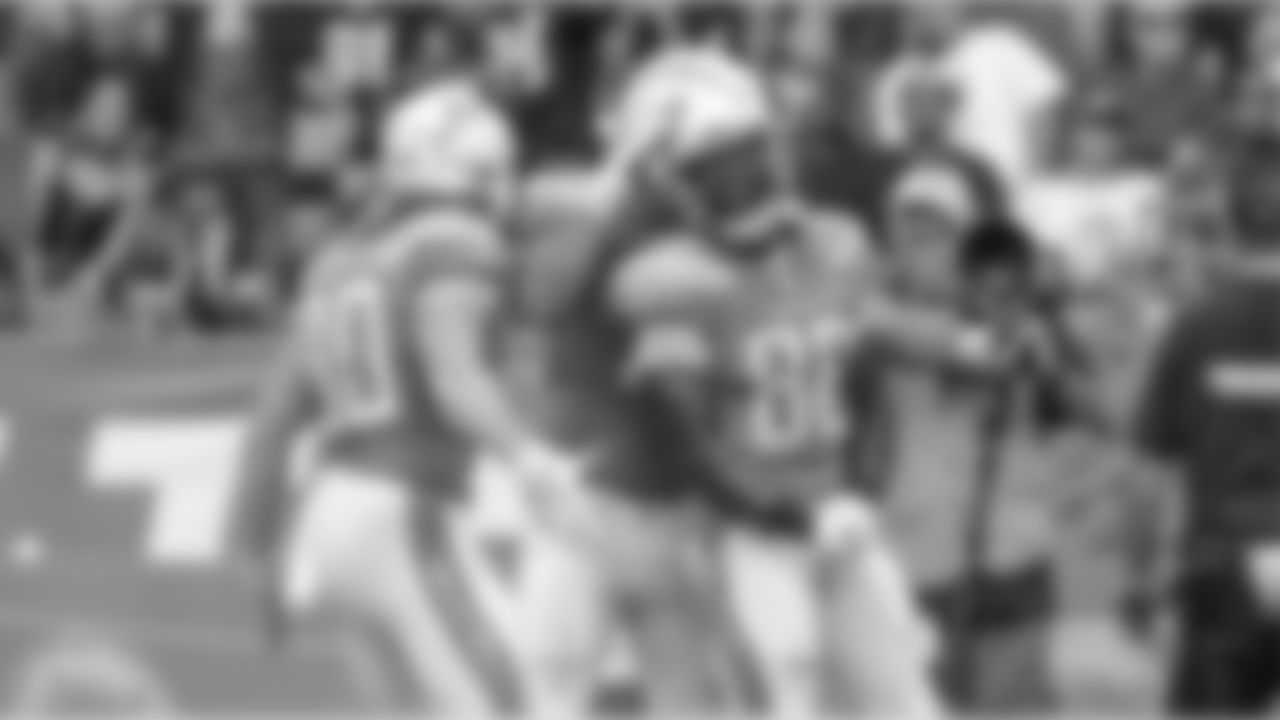 Sean Culkin and Virgil Green celebrate Green's touchdown during the Bolts' Week 5 matchup against the Oakland Raiders at ROKiT Field at StubHub Center.