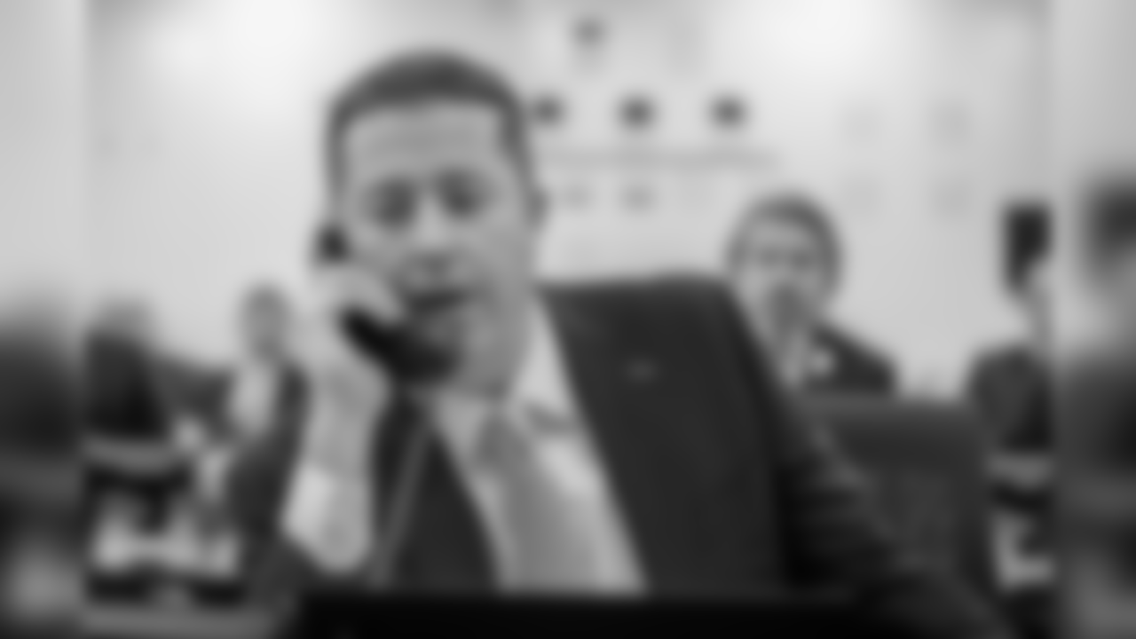 Detroit Lions executive vice president & general manager Bob Quinn in the Detroit Lions draft room on Thursday, April 25, 2019 in Allen Park, Mich. (Detroit Lions via AP)