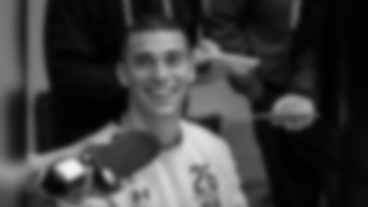 UMASS wideout Andrew Isabella talks to the media at the NFL Scouting Combine on Friday, March 1, 2019 in Indianapolis. (Detroit Lions via AP)