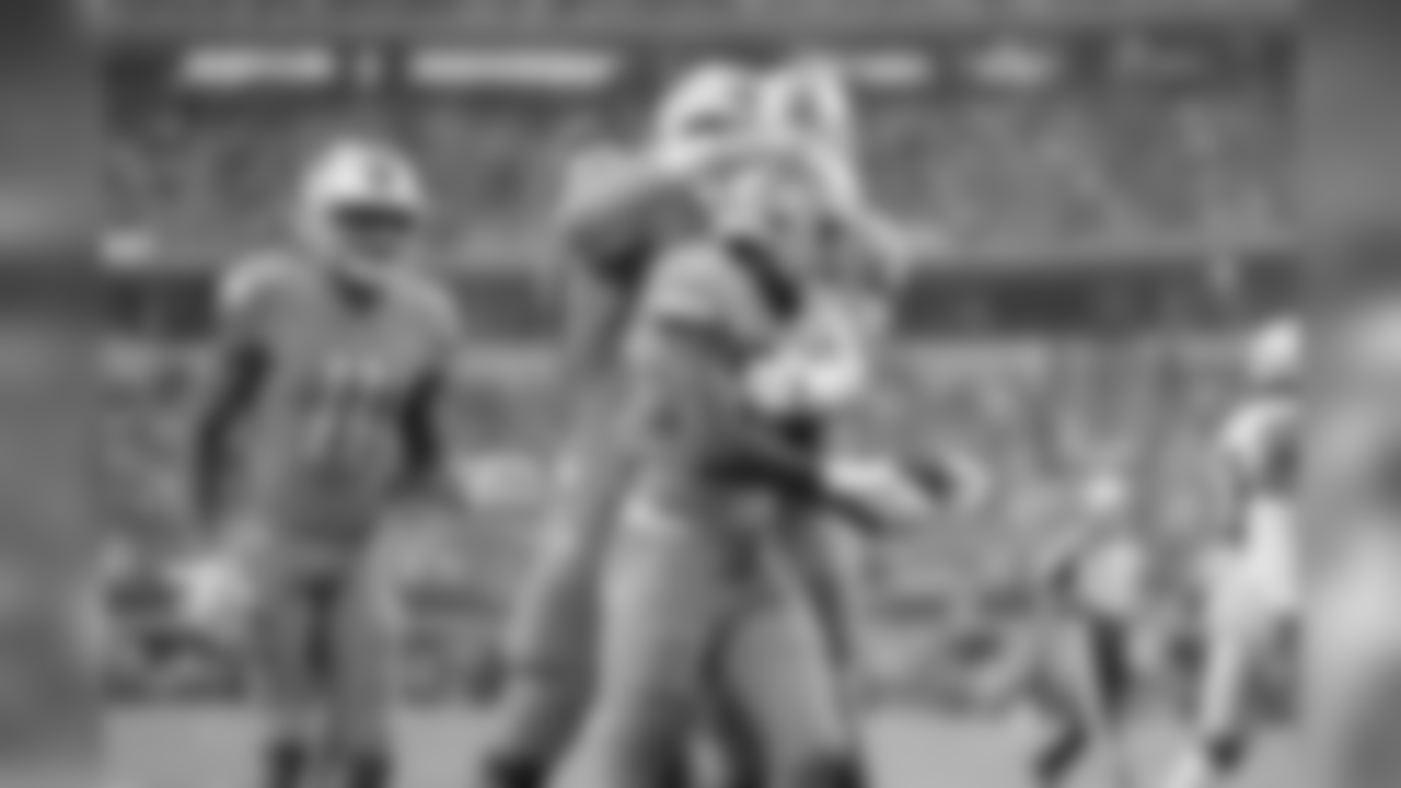 Detroit Lions running back Kerryon Johnson (33) celebrates his first career touchdown with his teammates during a NFL football game against the Dallas Cowboys on Sunday, Sept. 30, 2018 in Arlington, Texas. (Detroit Lions via AP).