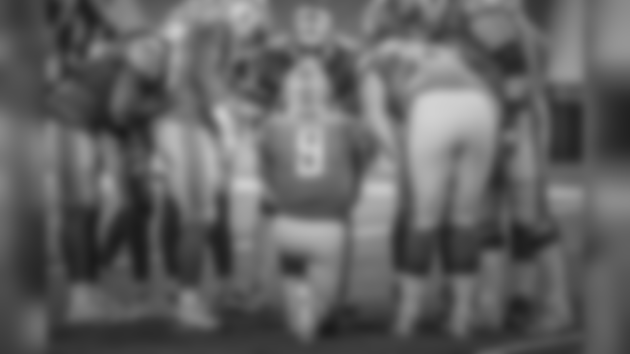 Detroit Lions offensive huddle during a NFL football game against the New England Patriots on Sunday, Sept. 23, 2018 in Detroit. (Detroit Lions via AP).
