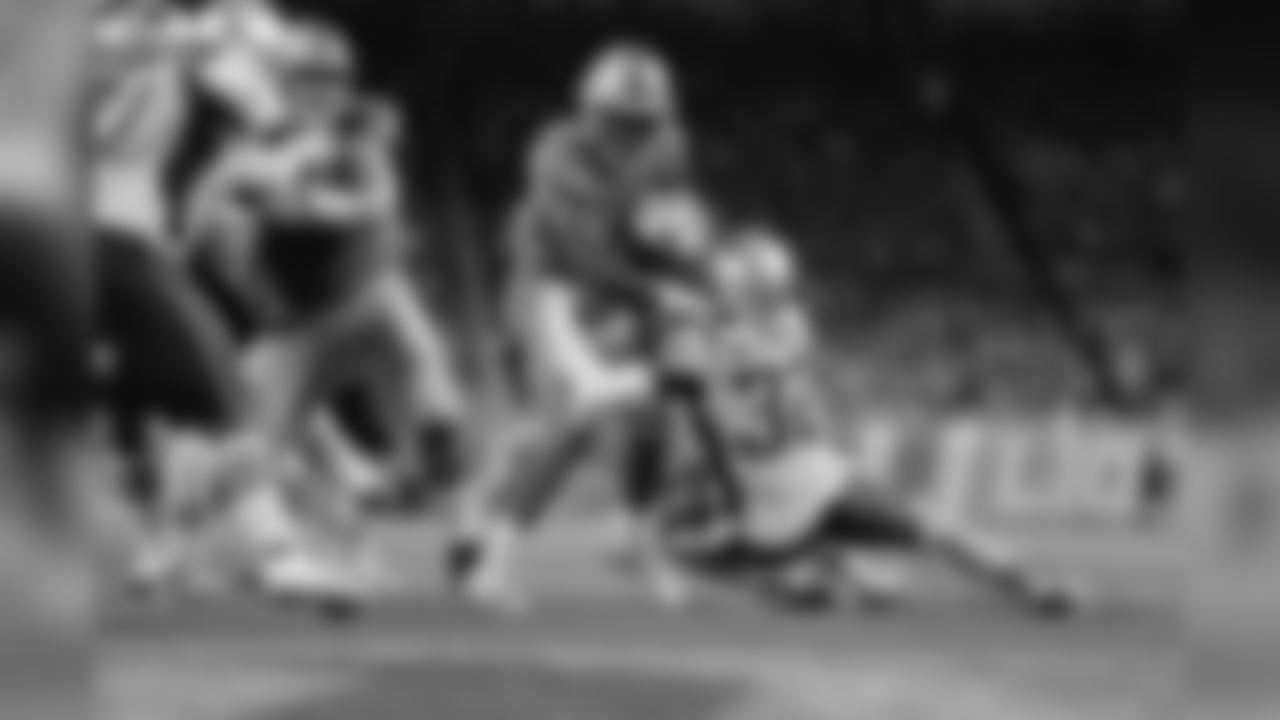 Detroit Lions running back Kerryon Johnson (33) during a NFL football game against the New England Patriots on Sunday, Sept. 23, 2018 in Detroit. (Detroit Lions via AP).