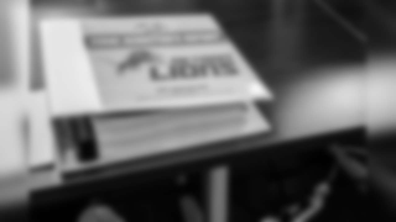 Detroit Lions owner and chairman Martha Firestone Ford's 2019 NFL draft binder in the Detroit Lions draft room on Thursday, April 25, 2019 in Allen Park, Mich. (Detroit Lions via AP)