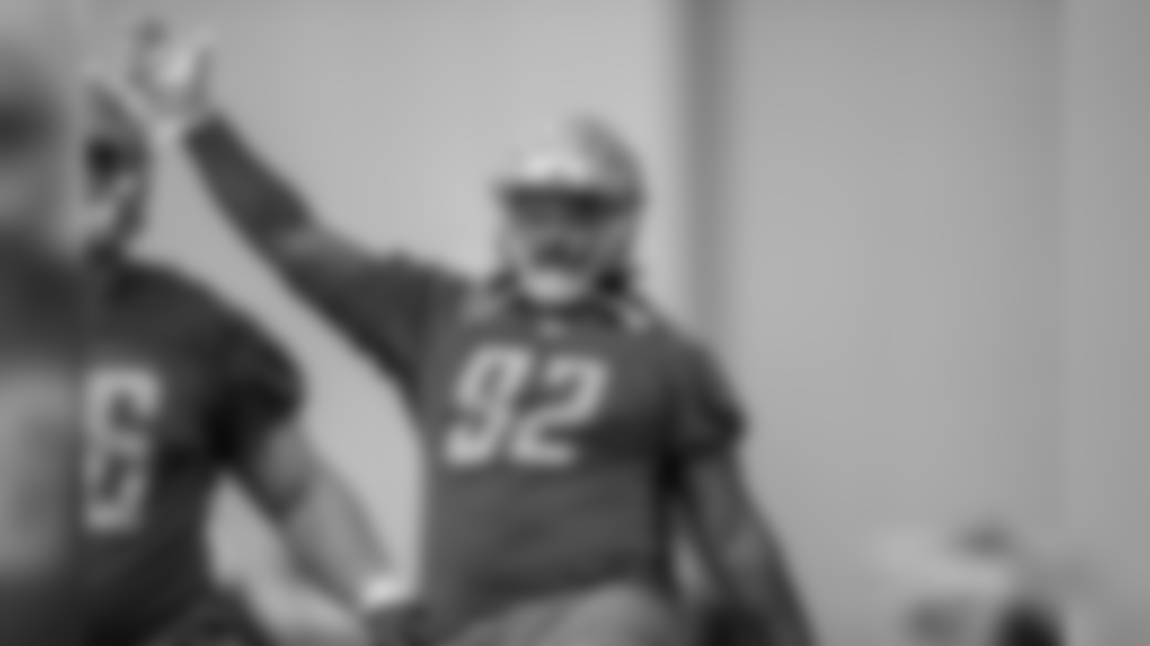 Detroit Lions defensive tackle P.J. Johnson (92) during Day 1 of rookie minicamp on Friday, May 10, 2019 in Allen Park, Mich. (Detroit Lions via AP)
